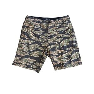 Stussy Mens Tiger Stripe Camo Shorts Green Brown Size 33 Cinch Waist Streetwear
